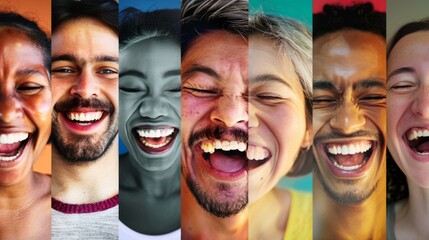 A group of diverse faces with expressions of joy and laughter, symbolizing the universal language of happiness and the shared human experience