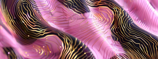 a close up of an op art pattern with black and gold lines on pink fabric, honeycomb, shiny, silk screen print, pink magenta white background, fluid organic shapes. - obrazy, fototapety, plakaty