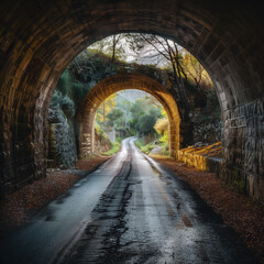 Obraz premium Mystical Tunnel Road Leading Through Autumn Forest