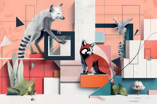 A whimsical concept where overlapping geometric shapes contain playful animal illustrations