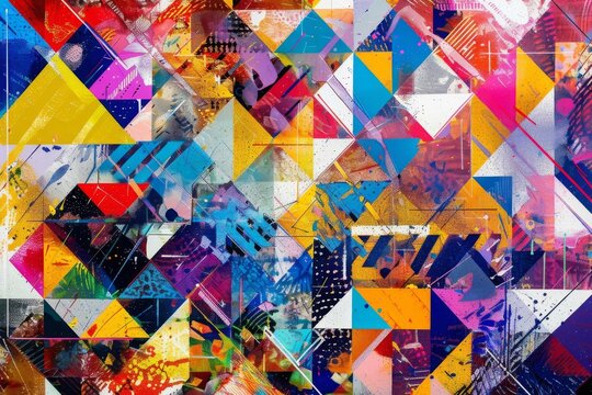 A vibrant mosaic where geometric shapes overlap, each one filled with abstract digital noise and glitch art