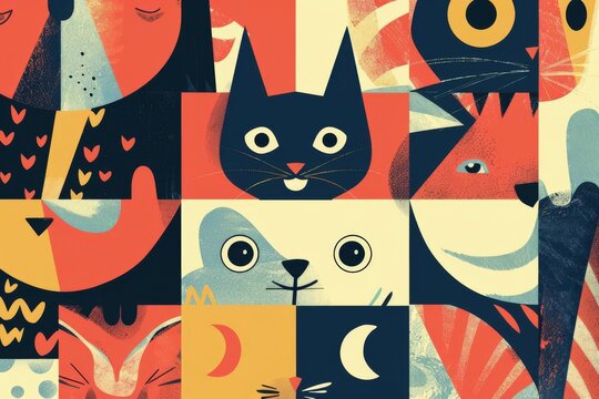 A whimsical concept where overlapping geometric shapes contain playful animal illustrations