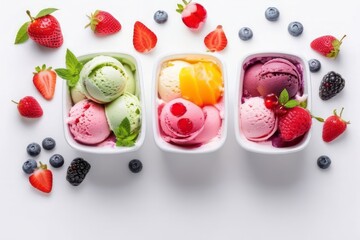 Colorful ice cream scoops and desserts with different flavors and fresh berries in a bowl on a white background. Banner with copy space, place for text. Concept of summer dessert. 