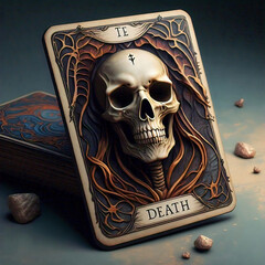 tarot death card lying on a dark table with magical stones	