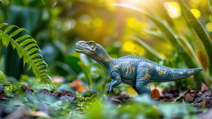 Toy dinosaur in lush, sunlit garden creates prehistoric scene