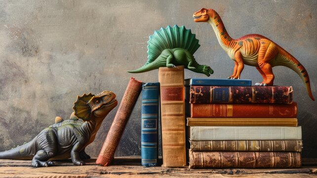 Plastic dinosaur toys on stack of vintage hardcover books against rustic backdrop