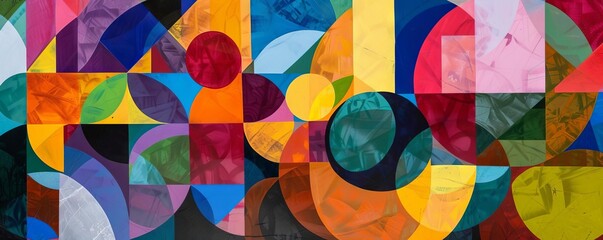 An artistic composition of geometric shapes, including circles, squares, and triangles, overlapping in a mosaic of vibrant colors