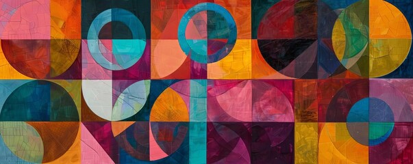 Fototapeta premium An artistic composition of geometric shapes, including circles, squares, and triangles, overlapping in a mosaic of vibrant colors