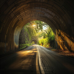 Sunlight Peering Through a Scenic Tunnel Road