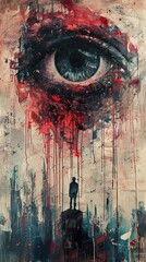 The image is a painting of a large eye looking down at a small person