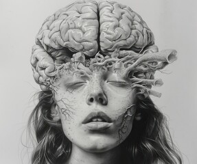 woman's face with a brain instead of a head. The brain is leaking out of her eyes, nose, and mouth. The image is in black and white.