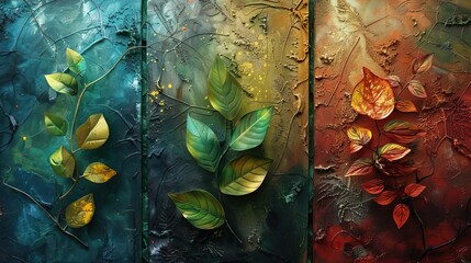 Triptych of colorful abstract painting with leaves. Blue green yellow red orange brown.
