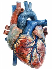 3D illustration of a human heart with blue and red vessels.