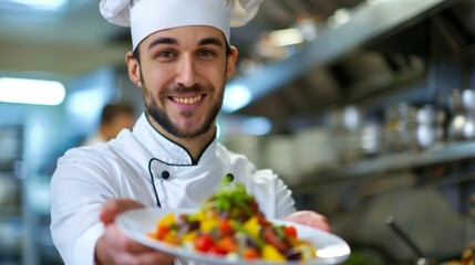 A male chef proudly displaying a dish made entirely with locally sourced ingredients.