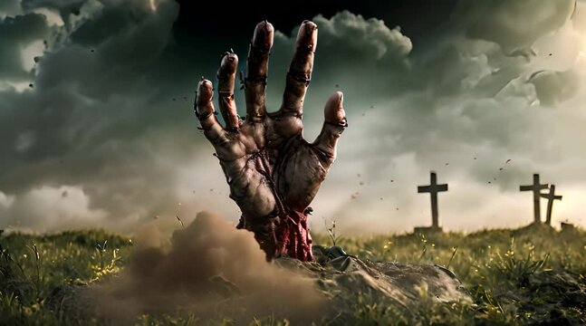 Zombie Hand Rising Out Of A Grave , the hands of a zombie pop up from the grave. Horror and mystery footage concept