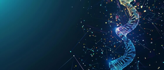 An abstract DNA helix banner swirls dynamically, representing genetic research, Sharpen banner template with copy space on center