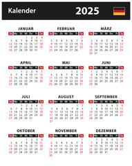 2025 Calendar - vector stock illustration. Germany, German version | Kalender 2025 - Vektorgrafik. Deutschland, deutsche Version