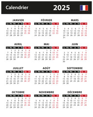 2025 Calendar - vector stock illustration. France, French version | Calendrier 2025 - illustration vectorielle stock. France, version fran&ccedil;aise