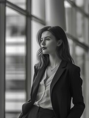 Fototapeta premium an elegant business woman with a slight smile standing at the office in a modern building. generative AI