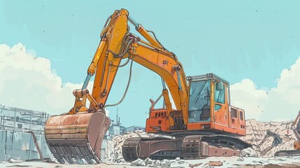 Craft a whimsical, cartoonish excavator from a worms-eye view for a childrens coloring book Use soft pastel hues, friendly facial features, and a bustling construction scene