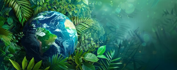 Engage with an environmental theme showing an Earth globe illustration adorned with lush plants