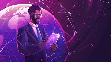 Futuristic business research banner illustrated with a businessman using a tablet to manage his global network