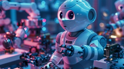 Fototapeta premium In an advanced manufacturing hub, robots assemble futuristic gadgets that promise to revolutionize daily life, colorful strange bizarre sharpen blur background with copy space