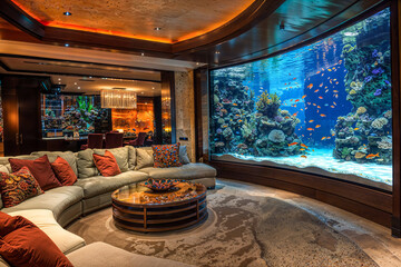 Aquarium fish tank home interior design, mansion, marine sea theme, fantasy architecture, luxury