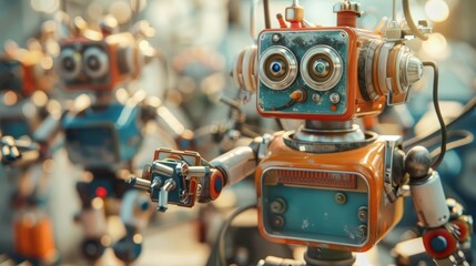 In an advanced manufacturing hub, robots assemble futuristic gadgets that promise to revolutionize daily life, colorful strange bizarre sharpen blur background with copy space
