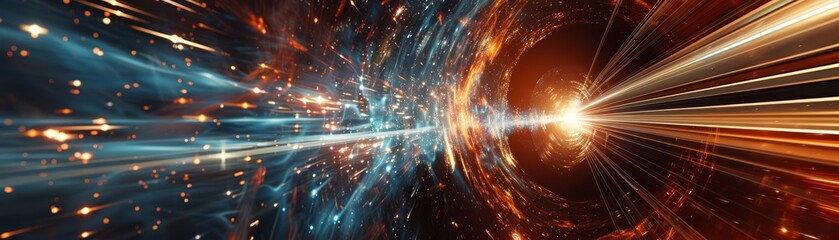 Naklejka premium The abstract vision of innovation in space travel is captured in a futuristic space banner, inviting us to explore beyond, Sharpen banner template with copy space on center