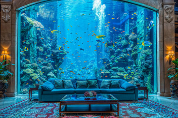 Aquarium fish tank wall home interior design, mansion, marine sea theme, fantasy architecture, luxury