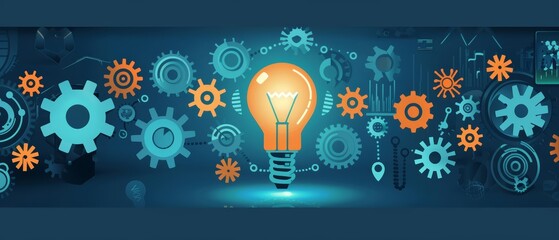 The illustration shows a creative idea brainstorming session in a futuristic business research banner