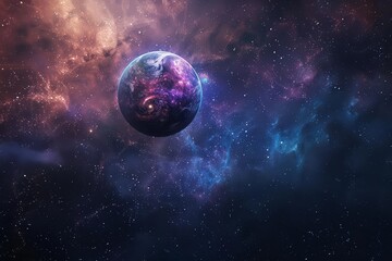 Obraz premium The futuristic space banner portrays an alien planet floating in cosmic space bathed in starlight