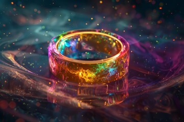 The magical ring sparkles with ethereal light, nestled in a Scifi Cube, colorful strange bizarre sharpen blur background with copy space
