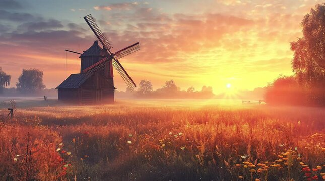 Picturesque windmill farm against the backdrop of a stunning sunset sky.
Seamless looping 4k time-lapse virtual video animation background. Generated AI