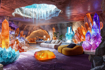Colorful lighted crystal cave interior design, living room, mineral skylight, underground grotto, fantasy architecture, luxury