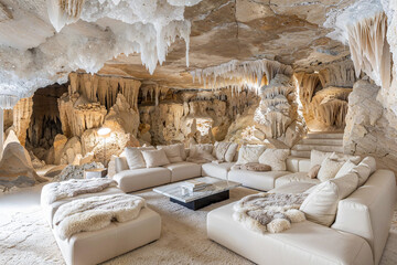 White cave cavern home interior design, living room, stalactite formations, underground grotto, fantasy architecture, luxury