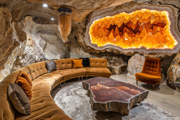 Undergroud home interior design, living room, orange crystal formations, wood slab table, underground grotto, fantasy architecture, luxury