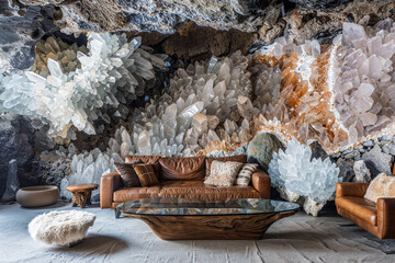 Crystal cave home interior design, white and brown, crystal formations, grotto, fantasy architecture, luxury
