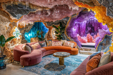 Colorful crystal cave home interior design, living room, mineral formations, underground grotto, fantasy architecture, luxury