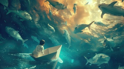 Abstract image of smart child sailing at paper boat in the ocean and looking at fish swimming in...