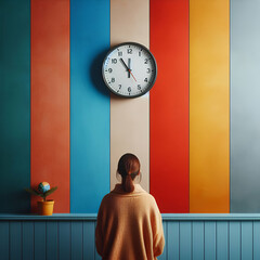 Woman Facing a Wall Painted with 4 Vertical Stripes of Blue, Red, Orange, & Yellow and an Analog...