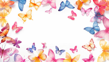 Realistic butterfly frame in vibrant colors and a central copy space on a white background