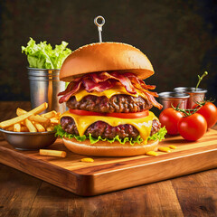 Appetizing and tasty burger with potatoes, tomato on wooden board.