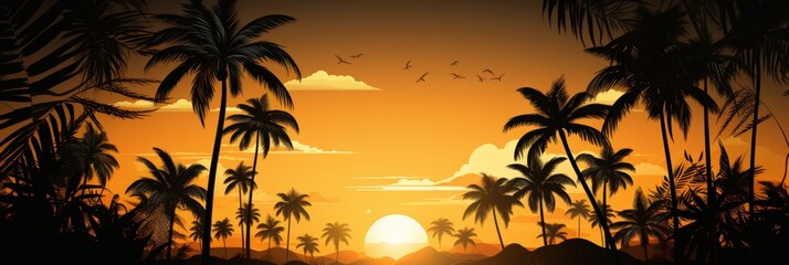 The setting sun casts a golden glow over the beach, palm trees, and ocean. A peaceful and relaxing scene for your next travel destination or tropical getaway. Isolated on a yellow background