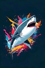Abstract lifestyle banner design with shark and colorful splashing shapes