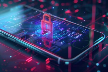 3D smartphone with a digital padlock on the screen. Generate AI image