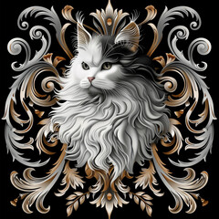White Cat print in luxurious Baroque style for T-Shirt design with rich silver, gold, and black colors