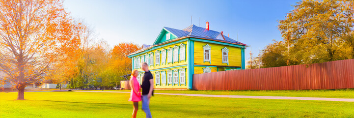 Vernacular Russian old colorful architecture house facade