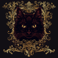 Black cat print in baroque style for T-Shirt design with ornate gold flourishes.